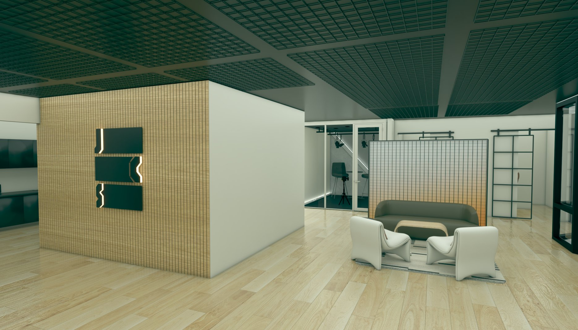 Jump Cut Studios lounge with view into a glass-walled production space