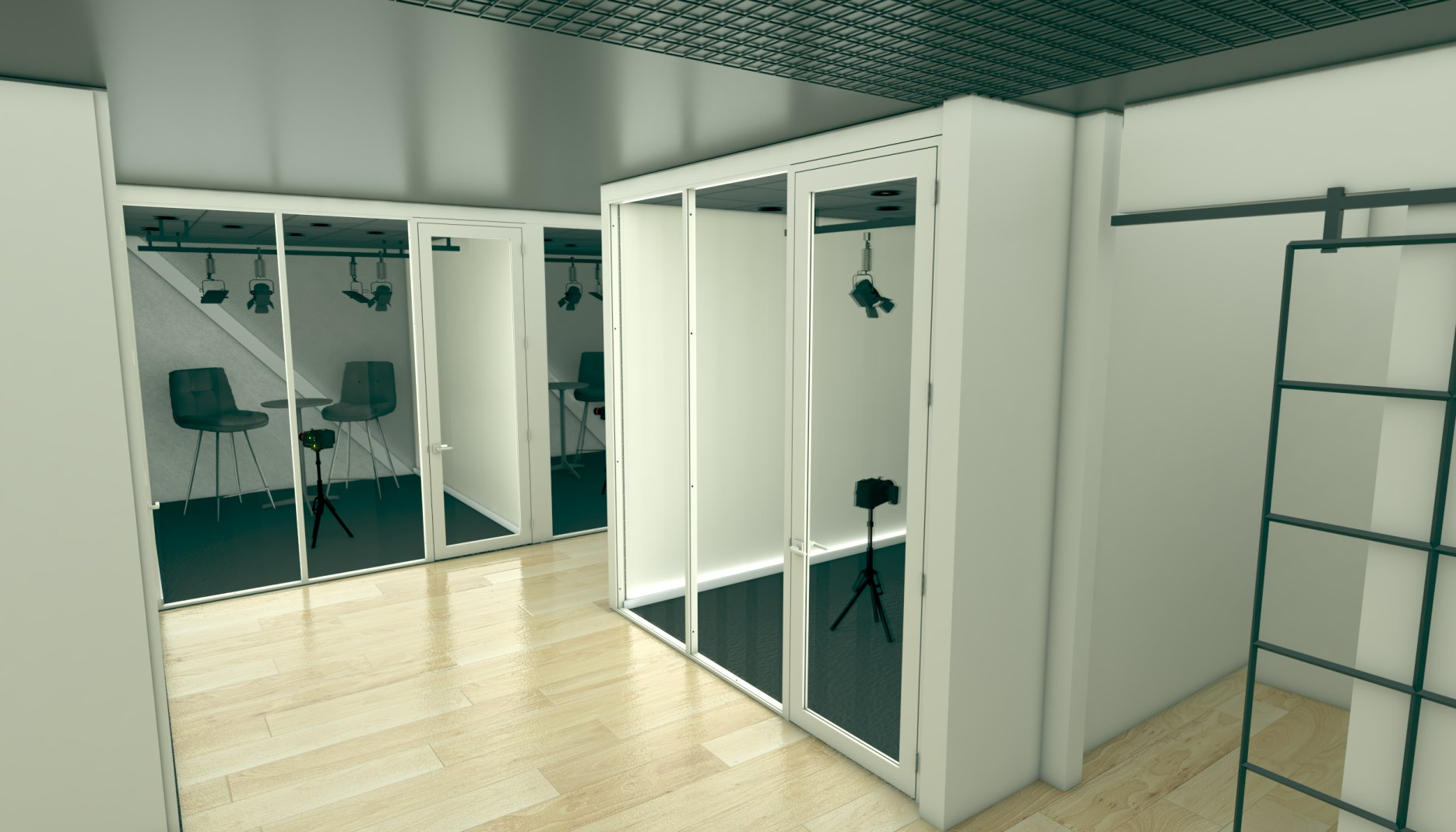 Glass production pods with cameras and lighting